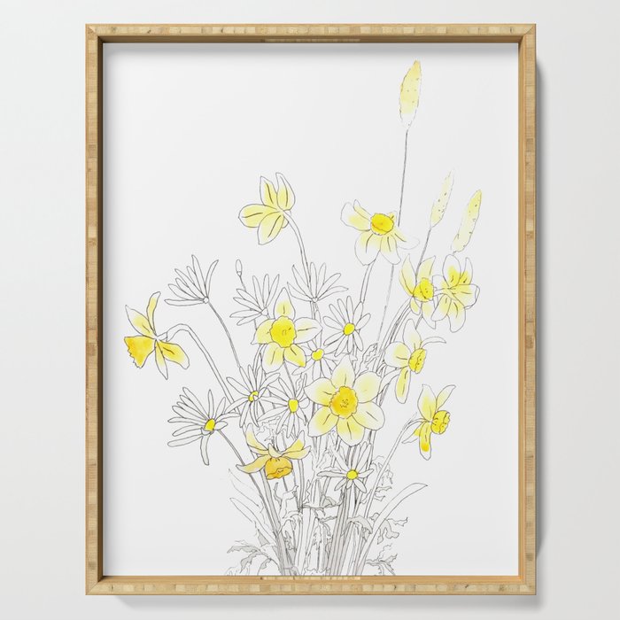 white daisy and yellow daffodils ink and watercolor Serving Tray