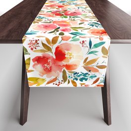 Red Turquoise Teal Floral Watercolor Table Runner