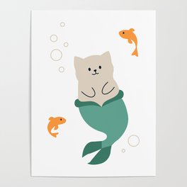 Mermaid Cat playing with Fish Poster