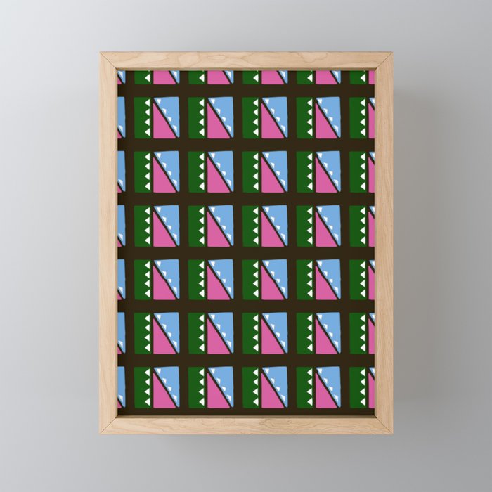 Modern, abstract ethnic geometric seamless-pattern in green light blue, black, white Framed Mini Art Print