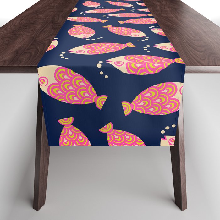 TOSSED SWIMMING FISH in PINK AND SAND ON DARK BLUE Table Runner