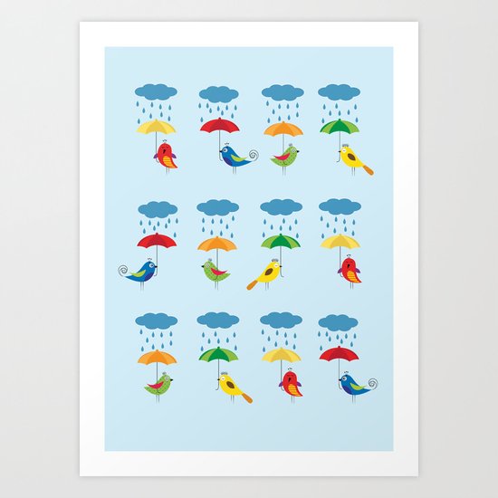 Birds with umbrellas Art Print