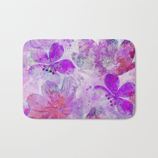 Pink Purple Watercolor Painted Flower Mix Bath Mat