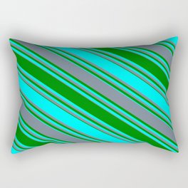 [ Thumbnail: Slate Gray, Green & Cyan Colored Stripes/Lines Pattern Rectangular Pillow ]