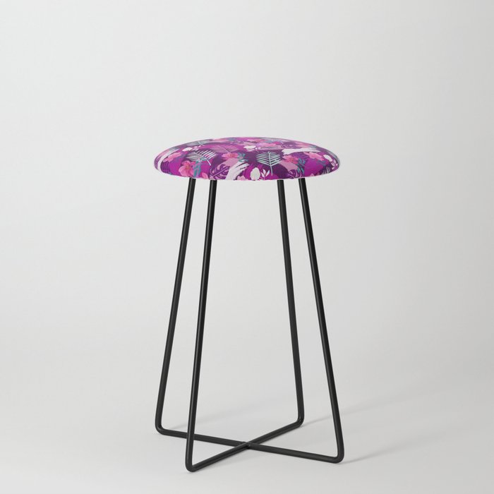 Tropical Watercolor Flowers, Monstera and Palm Leaves Counter Stool