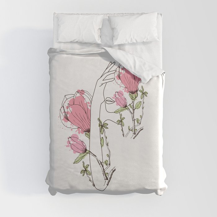 Woman with Flowers Abstract Line Art Duvet Cover