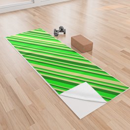 [ Thumbnail: Tan, Green & Lime Colored Stripes/Lines Pattern Yoga Towel ]