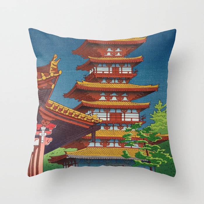 Japanese Woodblock Print Vintage Asian Art Colorful woodblock prints Pagoda Shinto Shrine Throw Pillow