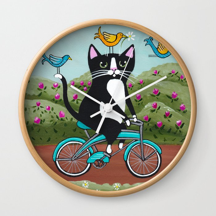Tuxedo Cat Spring Bicycle Ride Wall Clock