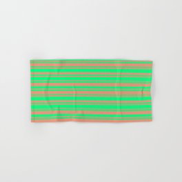 [ Thumbnail: Green and Dark Salmon Colored Lined Pattern Hand & Bath Towel ]