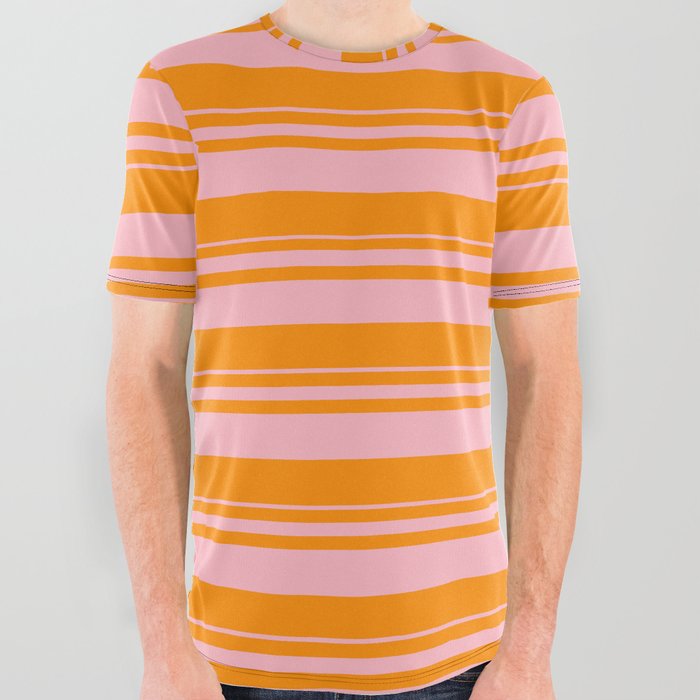 Light Pink & Dark Orange Colored Stripes Pattern All Over Graphic Tee