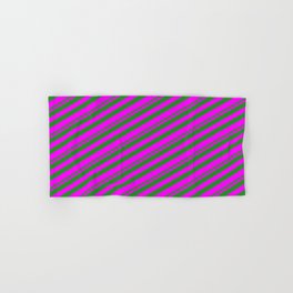 [ Thumbnail: Forest Green and Fuchsia Colored Lined/Striped Pattern Hand & Bath Towel ]