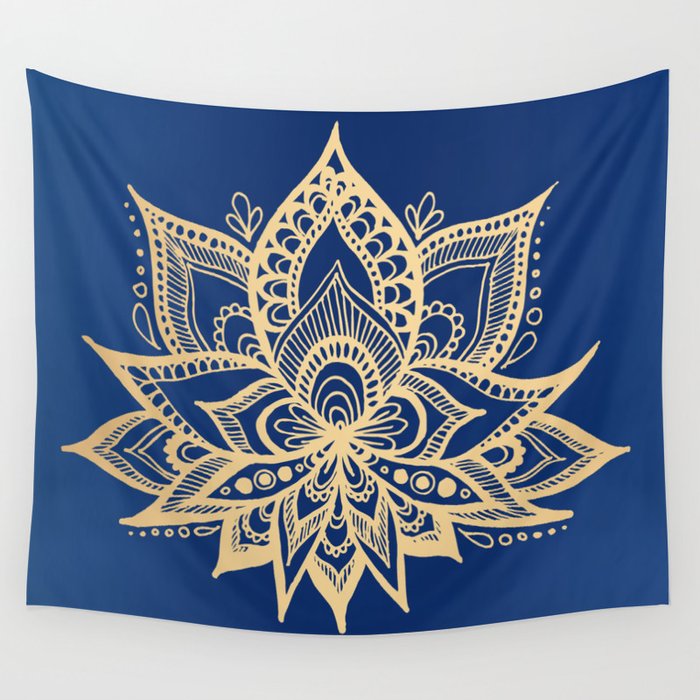 Gold and Blue Lotus Flower Mandala Wall Tapestry