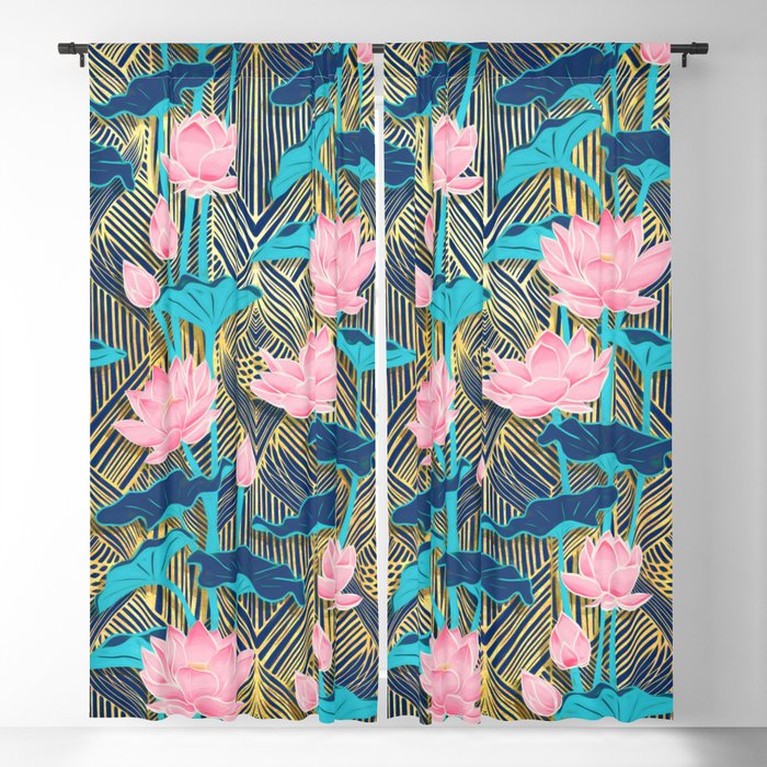 Art Deco Lotus Flowers in Pink & Navy Blackout Curtain