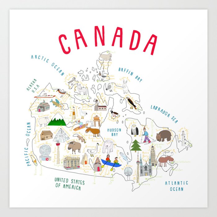 Illustrated Map of Canada with Animals, Buildings, Cities, Places by Artist Carla Daly Art Print