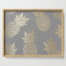Glam Pineapple Art in Gray and Gold Serving Tray