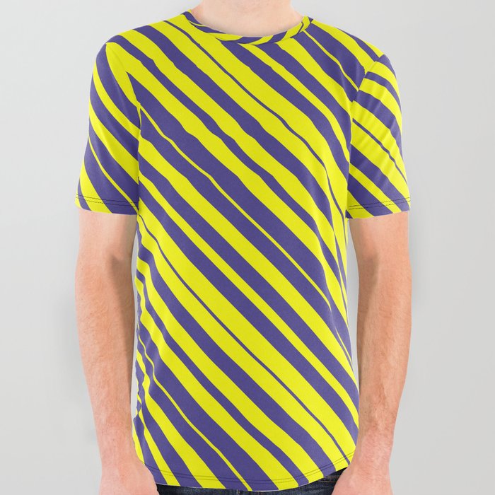 Yellow & Dark Slate Blue Colored Lines/Stripes Pattern All Over Graphic Tee