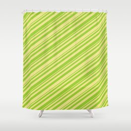 [ Thumbnail: Green & Tan Colored Striped/Lined Pattern Shower Curtain ]