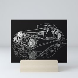 Retro car sketch in white outline Mini Art Print