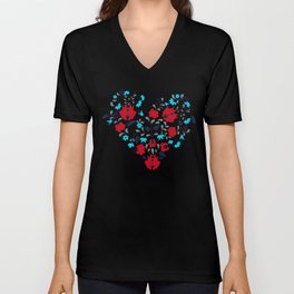 Hungarian Floral Folk Art Heart Pattern V Neck T Shirt