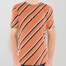 [ Thumbnail: Coral, Beige & Black Colored Lines Pattern All Over Graphic Tee ]