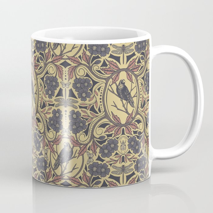 Mauve, Tan & Gray Crow & Dragonfly Floral Coffee Mug