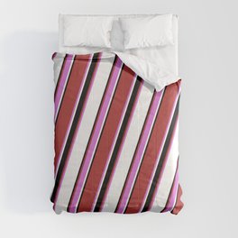 [ Thumbnail: Brown, Orchid, White & Black Colored Pattern of Stripes Comforter ]