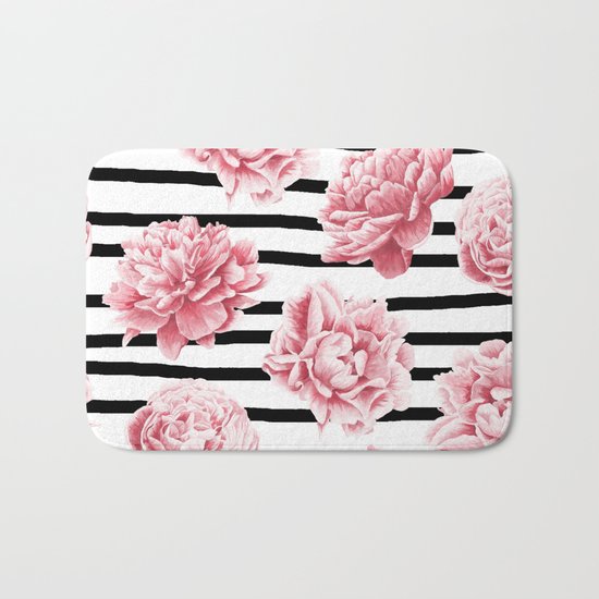 Simply Drawn Stripes and Roses Bath Mat