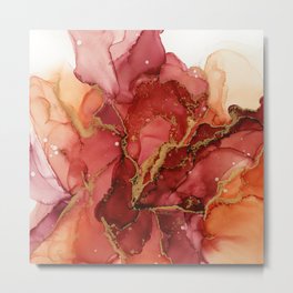 Abstract Autumn Flower Metal Print | Painting, Marble, Gold, Red, Redorange, Bloom, Floral, Flower, Redflower, Abstract 