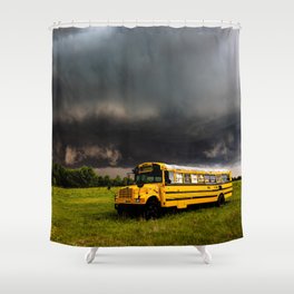 Thunder Bus - Thunderstorm Advances Over Old School Bus on Stormy Spring Day in Oklahoma Shower Curtain
