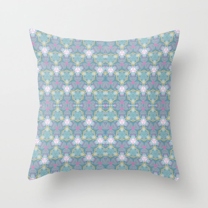 Abstract Teal Flowers Linked with Gold Digital Alcohol Ink Illustration Throw Pillow