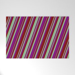 [ Thumbnail: Dark Sea Green, Purple, and Maroon Colored Striped/Lined Pattern Welcome Mat ]