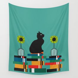 Cat, books and flowers Wall Tapestry