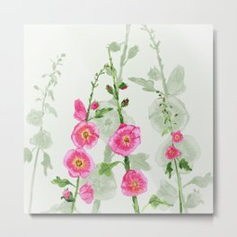 Hollyhocks Metal Print | Flowers, Floral, Watercolor, Painting, Hollyhocks, Pink, Green, Flowerstalks 