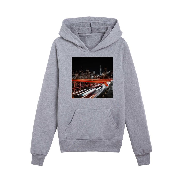 Manhattan Skyline at night from the Brooklyn Bridge Kids Pullover Hoodie