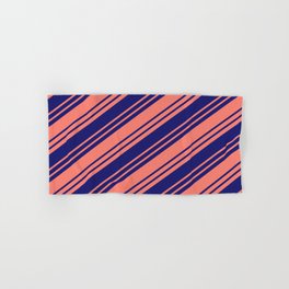 [ Thumbnail: Salmon & Midnight Blue Colored Stripes/Lines Pattern Hand & Bath Towel ]