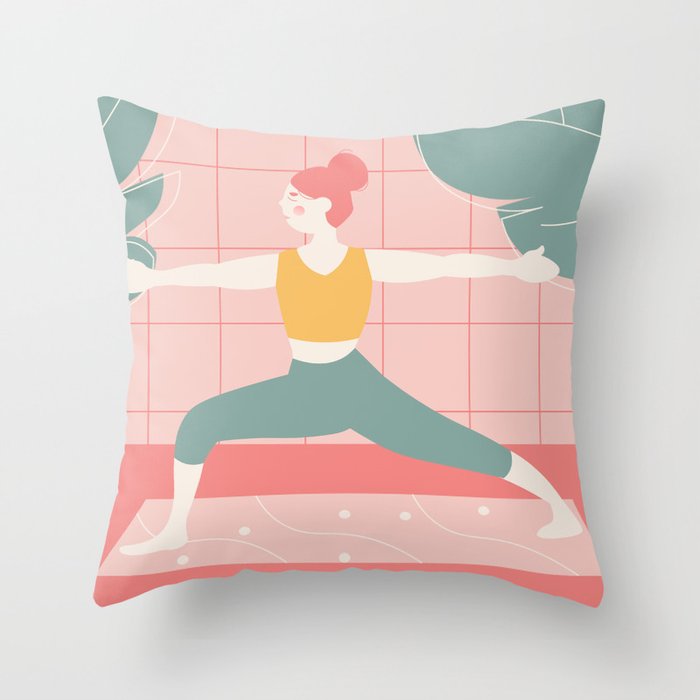 Modern minimalist bright flats illustration of a girl doing yoga, warrior pose Throw Pillow