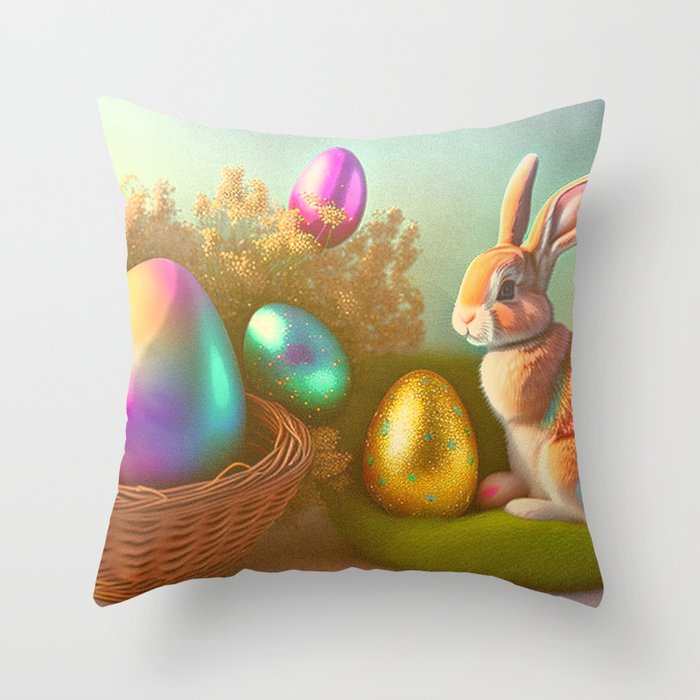 Easter Bunny And Shiny Eggs In A Basket Collection Throw Pillow