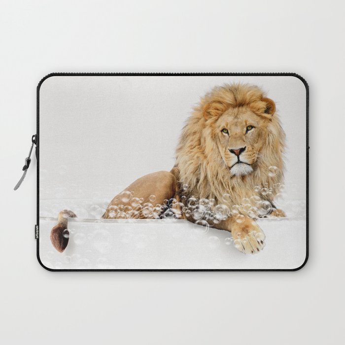 Lion in a Bathtub, Lion Taking a Bath, Lion Bathing, Whimsy Animal Art Print By Synplus Laptop Sleeve