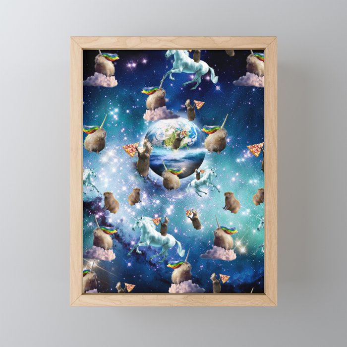 Space Capybara Galaxy Capybaras With Pizza Unicorn Framed Mini Art Print
