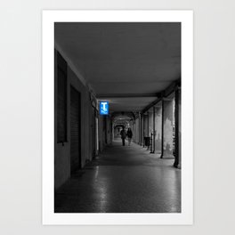 Black and White Street Photography in Bologna Blue Sign and Couple Art Print
