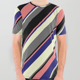 [ Thumbnail: Eye-catching Light Coral, Midnight Blue, Light Yellow, Dim Grey, and Black Colored Striped Pattern All Over Graphic Tee ]