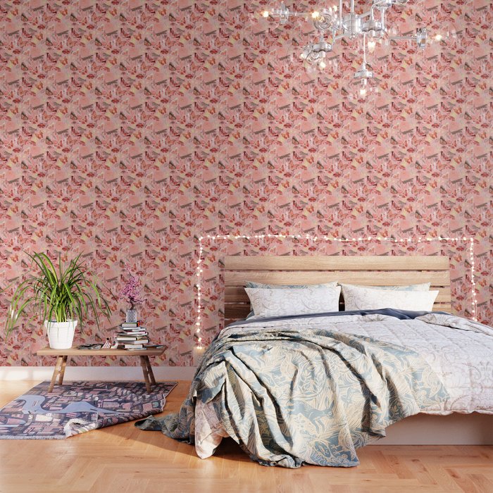 Dragonflies, Butterflies and Moths With Plants on Flamingo Pink Wallpaper