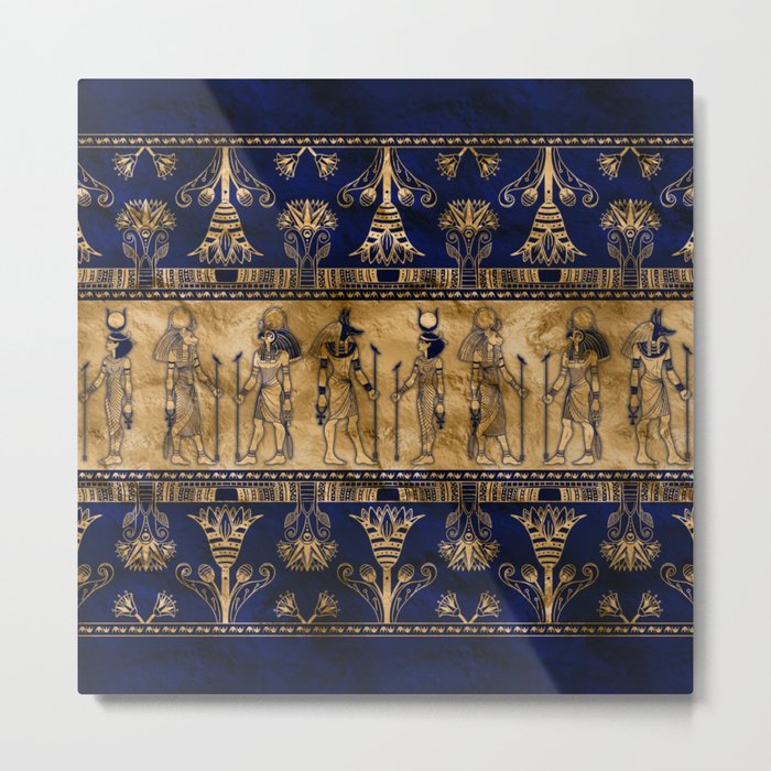 Egyptian Gods and Ornamental border - blue and gold Metal Print