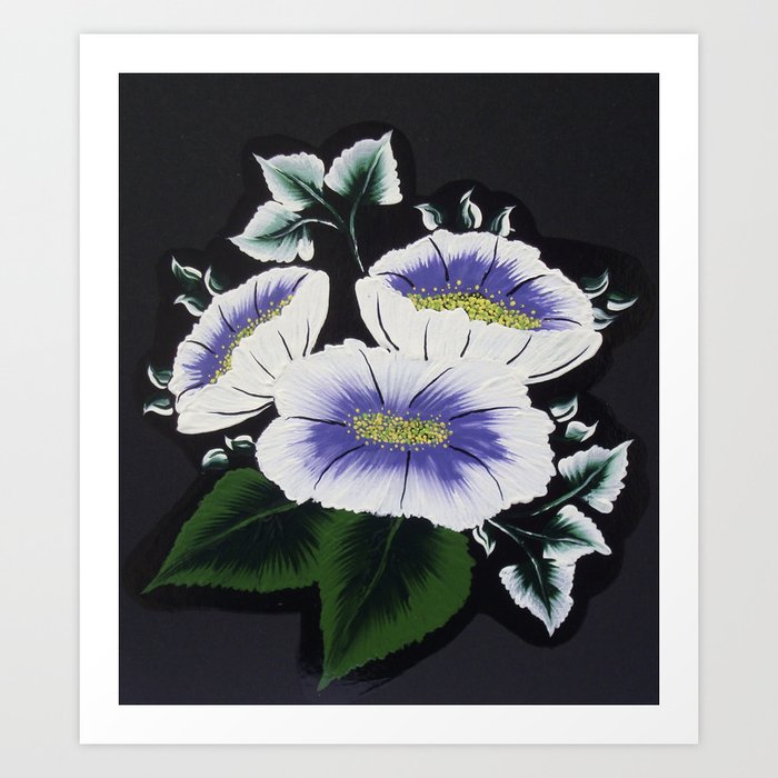 Purple And White Flowers On Black Art Print