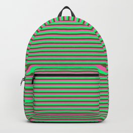 [ Thumbnail: Hot Pink, Green, and Dark Olive Green Colored Striped Pattern Backpack ]