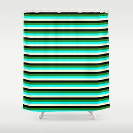 [ Thumbnail: Forest Green, Aqua, Light Yellow, and Black Colored Lined/Striped Pattern Shower Curtain ]
