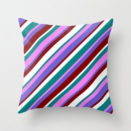 [ Thumbnail: Vibrant Teal, Violet, Slate Blue, Maroon & White Colored Pattern of Stripes Throw Pillow ]