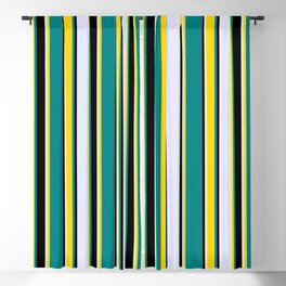 [ Thumbnail: Teal, Yellow, Lavender & Black Colored Striped Pattern Blackout Curtain ]