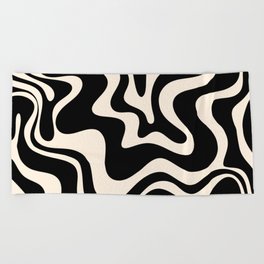 Retro Liquid Swirl Abstract Pattern 3 in Black and Almond Cream Beach Towel